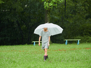 夏の雨の日の公園で散歩する一人の小学生の女の子の姿