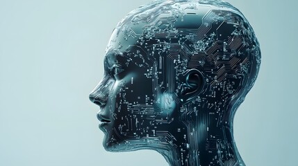 Obraz premium Exploring the Intricate Fusion of Human Silhouette and Complex Circuitry in a Digital Representation of Artificial Intelligence and Technology