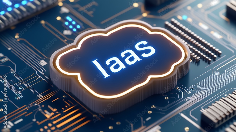 Poster cloud iaas technology concept with illuminated cloud icon and circuit board background.