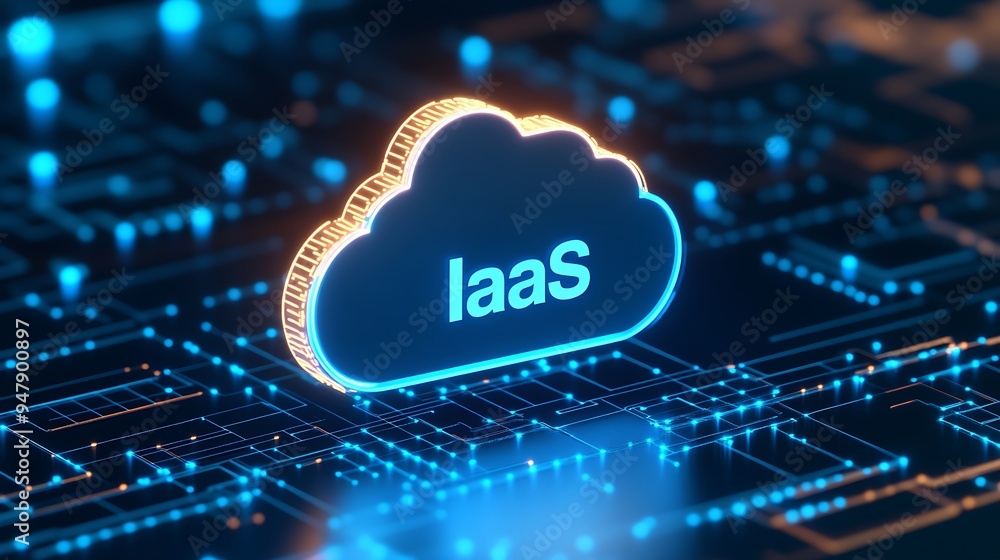 Poster cloud infrastructure concept with glowing iaas text on a cloud icon. digital technology and computin