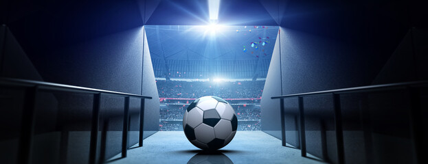 Soccer ball is in the stadium corridor. Background is an imaginary stadium that is modelled and rendered.