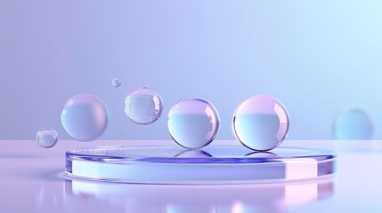 A rendered image of glass spheres on a round lavender platform against a plain lavender background.