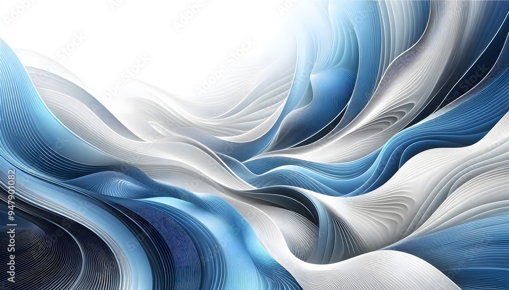 Wall mural Abstract blue and white wave, curve patterns flowing through a soft landscape background with gentle light.