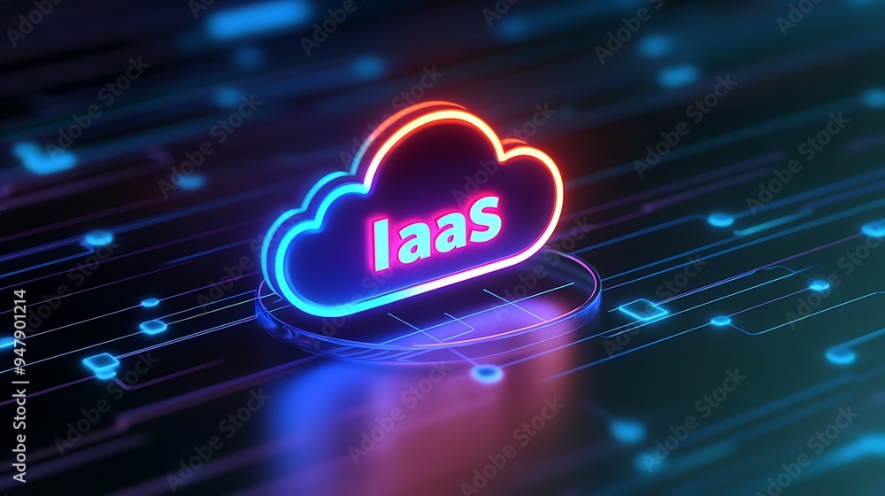 Poster colorful neon iaas cloud symbol on digital technology background representing infrastructure as a se