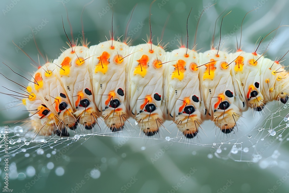 Poster close-up of a colorful caterpillar on a web with dew drops
