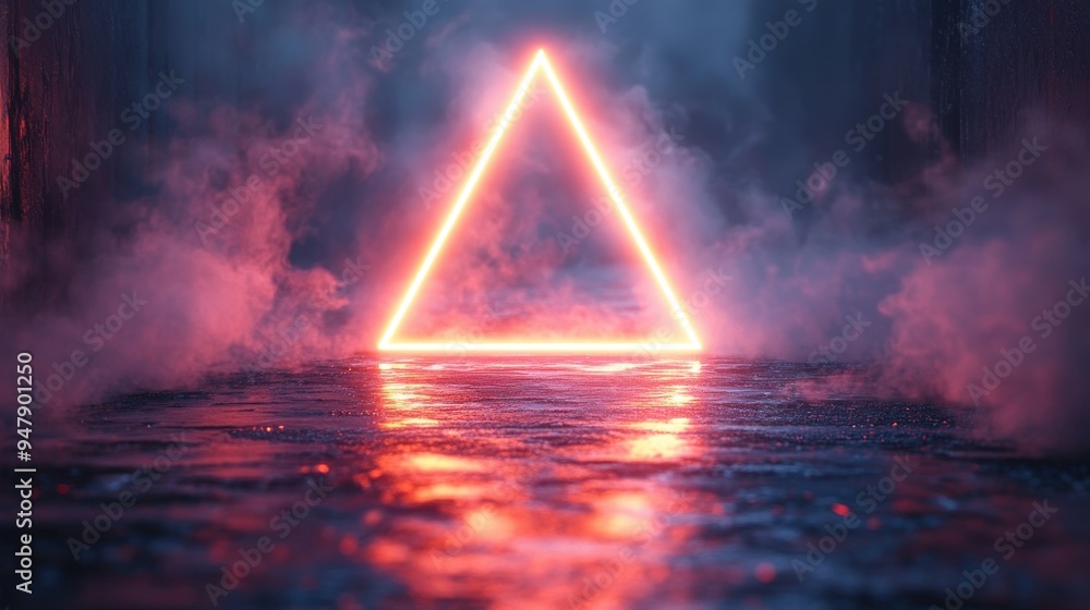 Poster looping 3d animation abstract neon backgroun3d colorful clou3d spins aroun3d the glowing triangle fa