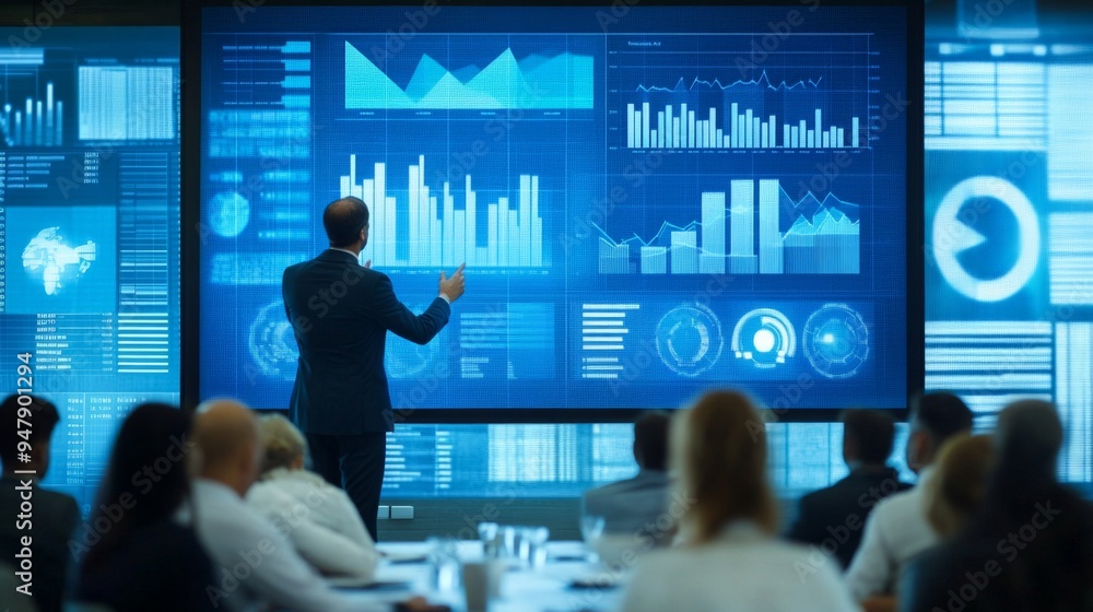 Poster An executive presenting financial graphs and charts on a large screen during a business meeting, with the audience focused on the data, conveying professionalism and insight.