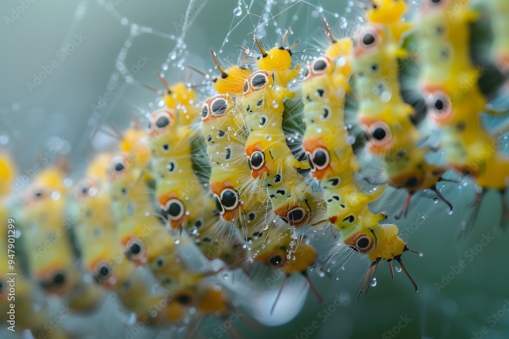 Poster a close-up of colorful caterpillars on a web with dew drops