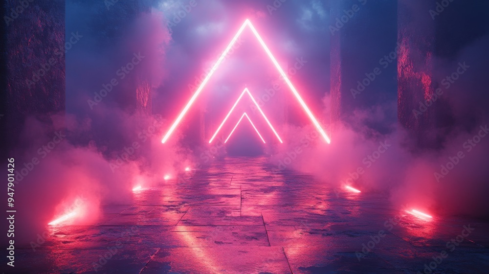 Poster looping 3d animation abstract neon geometric backgroun3d glowing rhombus frame inside the flowing sm