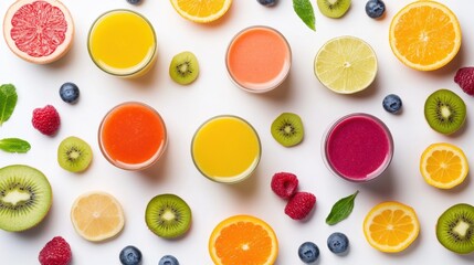 Brightly arranged fruit and colorful juices create a lively display, highlighting freshness and variety in a sunny setting