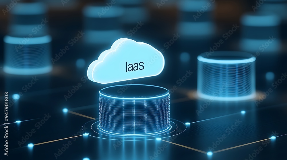 Poster conceptual illustration of cloud computing infrastructure with iaas text in focus, highlighting tech