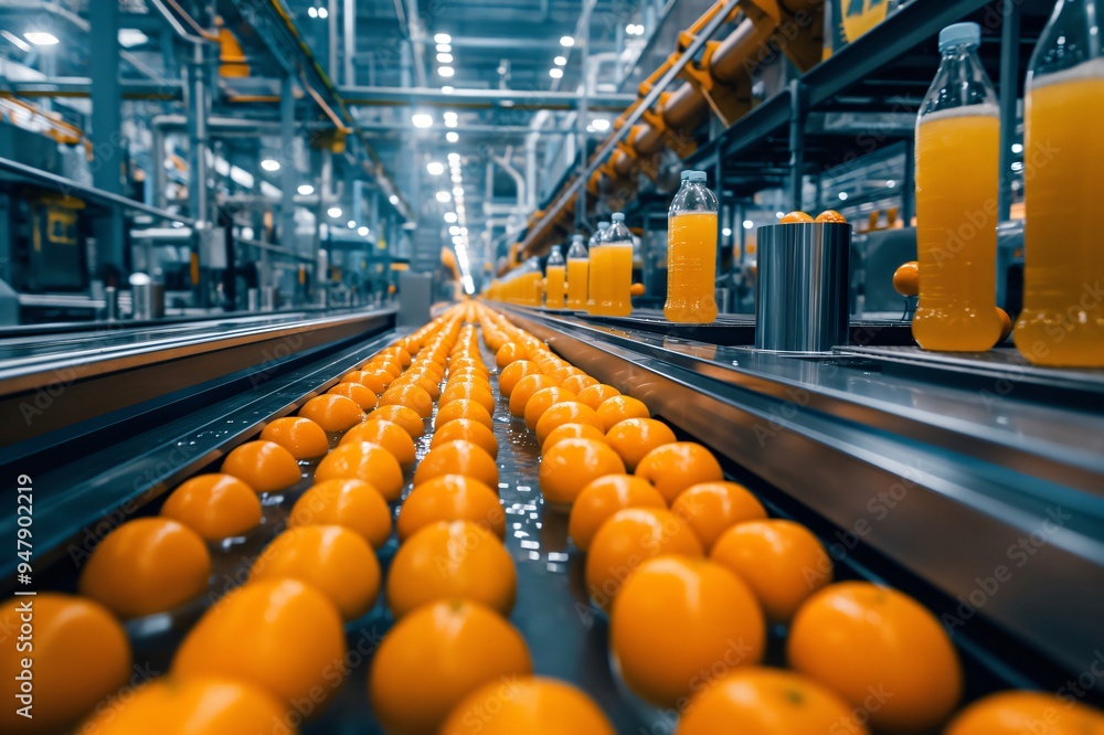 Poster freshly picked oranges move along a conveyor belt in a juice factory, with automated machinery effic