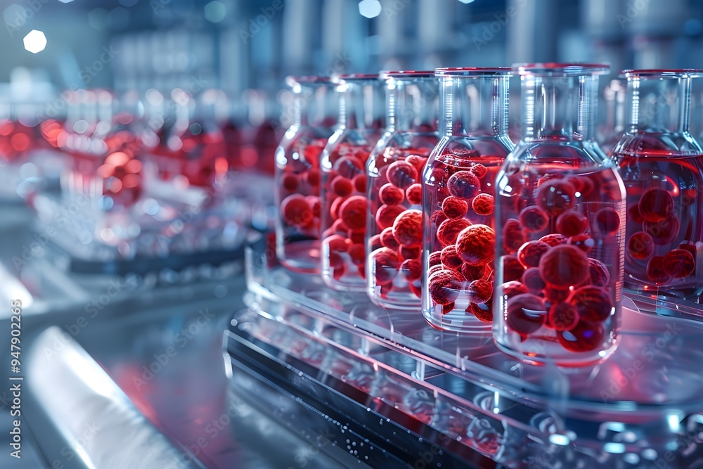Poster laboratory bottles with red liquid and spheres in a high-tech setting