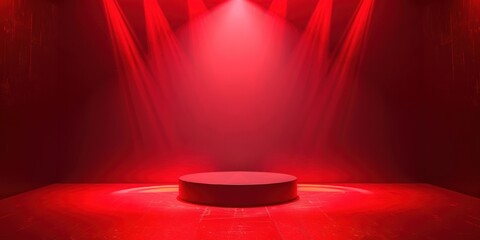 a vibrant red spotlight illuminating a central podium on a stage with a red-hued background.