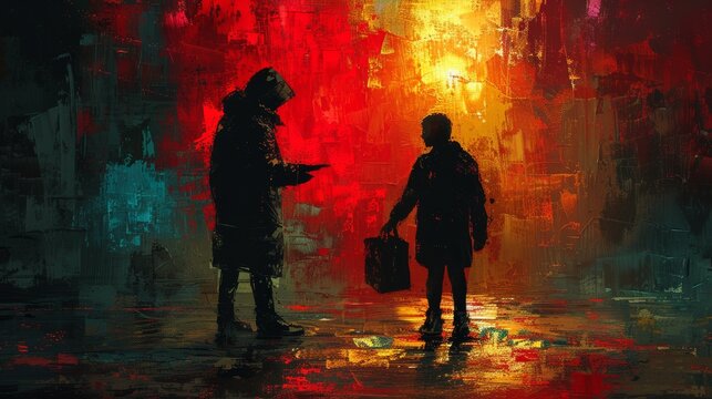 Abstract painting of man offering alms in colorful light setting