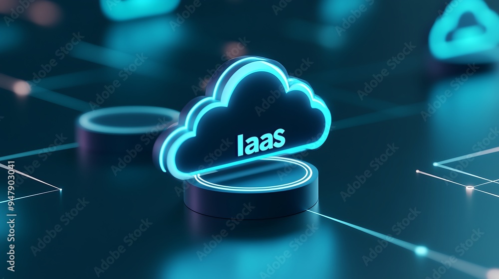 Poster digital cloud infrastructure as a service (iaas) concept with neon visuals representing data network
