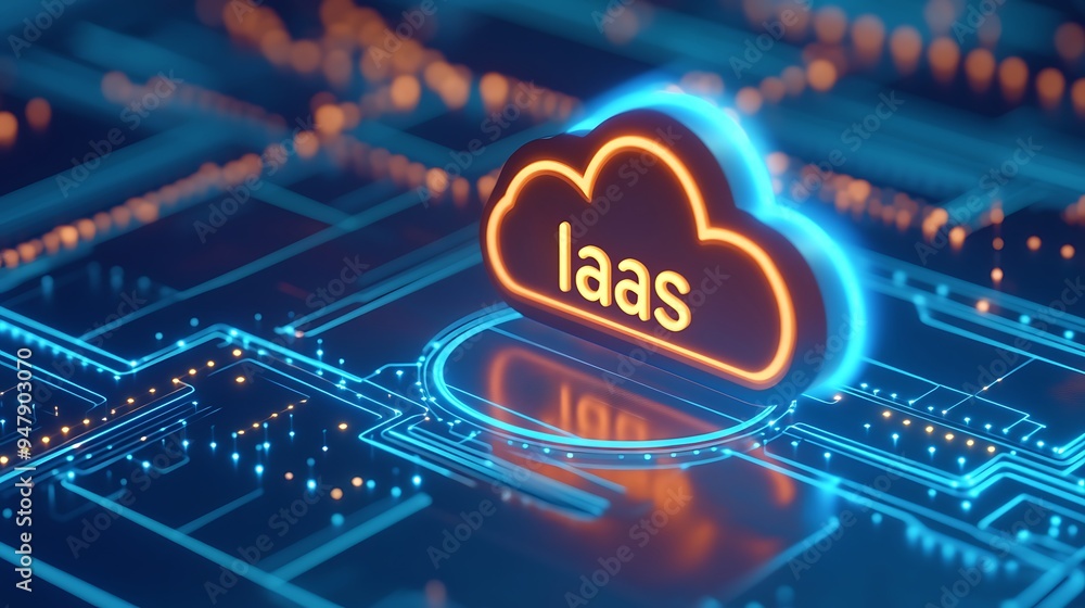 Poster digital cloud infrastructure concept with glowing 'iaas' text. illustration for cloud computing, dat