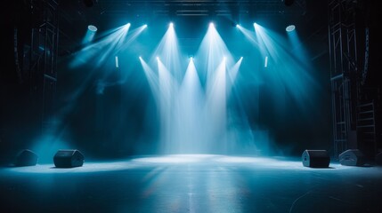 Empty Stage Lit by Blue Spotlights with Smoke and Speakers