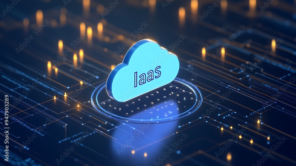 Poster digital cloud technology concept with iaas icon on a futurist circuit board background, representing