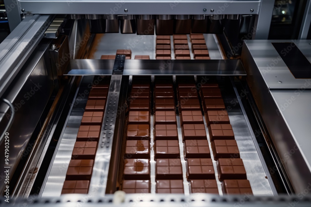 Poster chocolate bars on a conveyor belt moving through an automated machine in a food factory