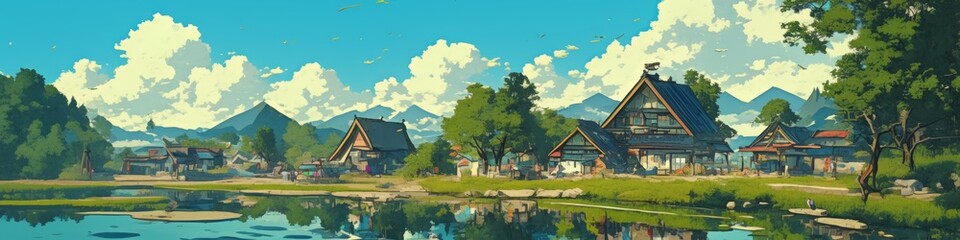 Enchanting AI-Generated Town and Village Illustration: Artistic Marketing Background with Anime-Style Flair. Abstract Cityscape Blending Cultural Elements, Freedom, and Inclusivity. Elegant Minimalist