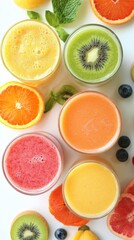 A colorful display of freshly squeezed fruit juices in glasses arranged on a bright background, emphasizing various flavors and fruits