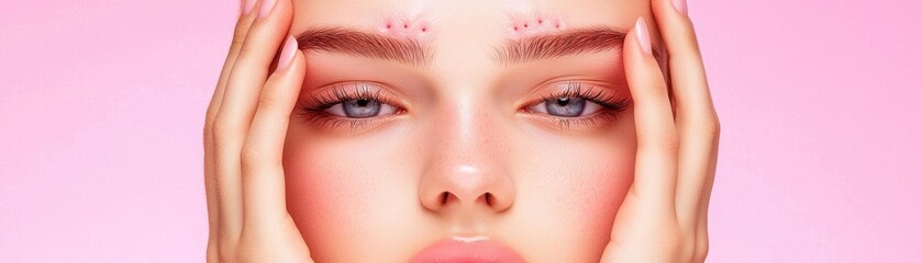 Fototapeta premium Teenage girl with acne on her forehead, gently touching her face