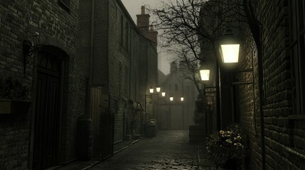 Dark alleyway with flickering streetlights