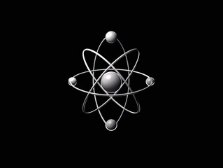 A stylized, minimalist representation of an atom with a nucleus and orbiting electrons. The image is rendered in grayscale on a black background.