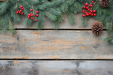  wooden background with red berries and pine cones