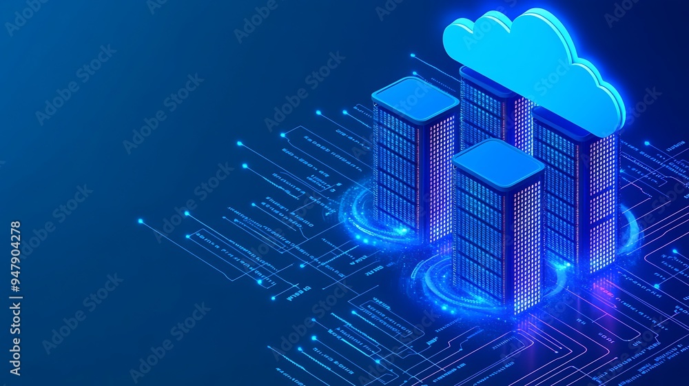 Poster digital illustration of cloud computing and data server technology concept with glowing servers and 