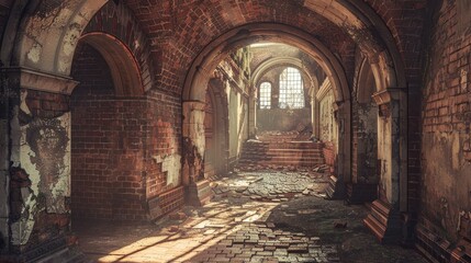 A sunbeam illuminates the crumbling interior of an abandoned church, casting long shadows across the dusty floor.