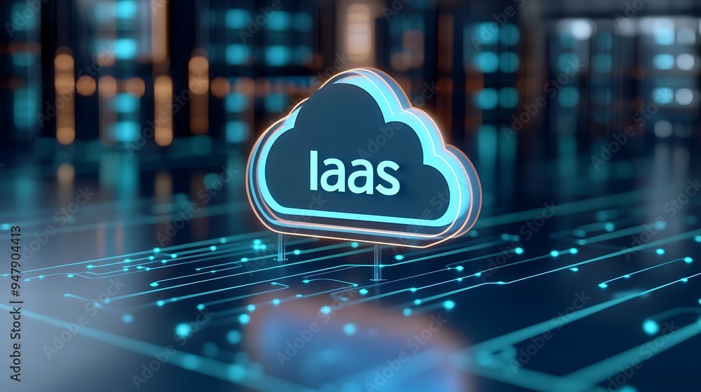 Poster digital illustration of cloud computing concept represented by iaas in a futuristic data center envi