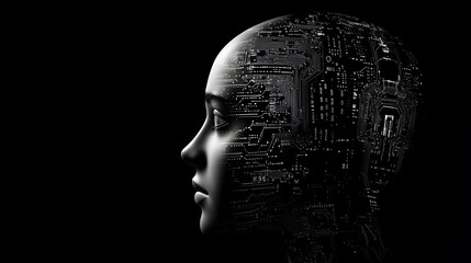 Obraz premium Exploring the Intricate Fusion of Human Silhouette and Complex Circuitry in a Digital Representation of Artificial Intelligence and Technology