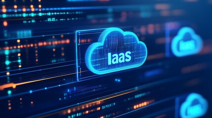 Obraz premium Digital illustration of cloud computing concept with glowing 'IaaS' text, representing infrastructure as a service in technology.