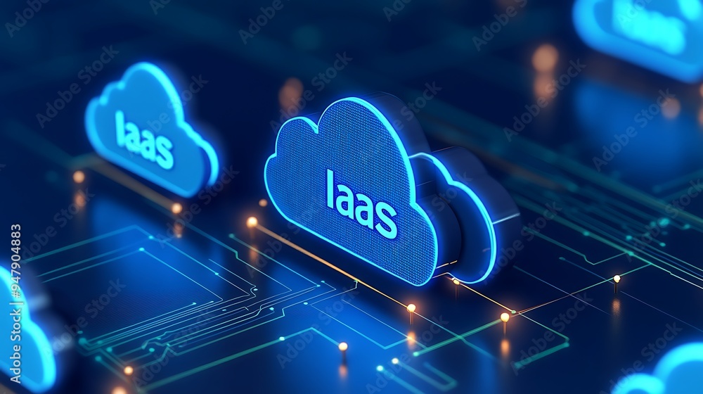 Poster digital illustration of cloud computing concept with illuminated iaas icons, representing cloud infr