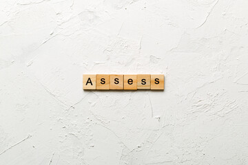 ASSESS word written on wood block. ASSESS text on cement table for your desing, concept
