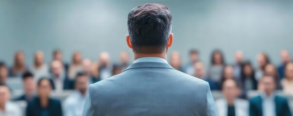 Impactful business talk with persuasive presentation slides, captivated audience, corporate event