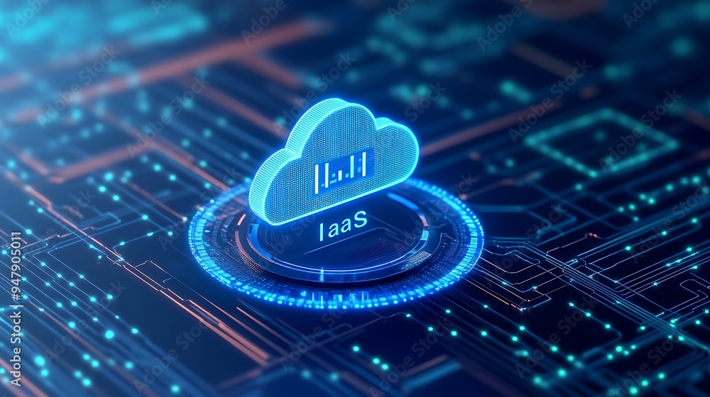 Aufkleber digital illustration of cloud computing tech with iaas concept on blue futuristic circuit background