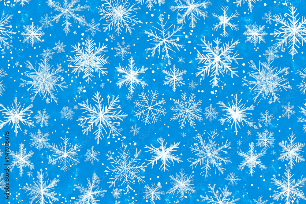 Poster blue background with many white snowflakes scattered throughout. the snowflakes are all different si