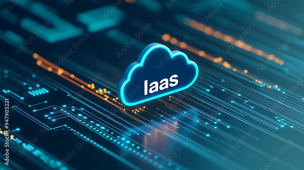 Poster digital illustration of cloud computing with 'iaas' text, representing infrastructure as a service t