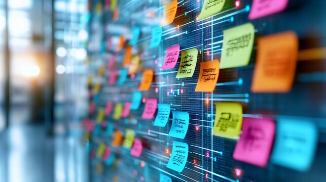 Colorful sticky notes on a digital board represent ideas and strategies for collaboration and project management in a modern workspace.