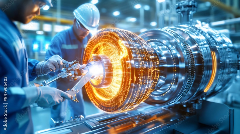Poster engineers work on a high-tech turbine in a modern industrial setting, showcasing advanced technology