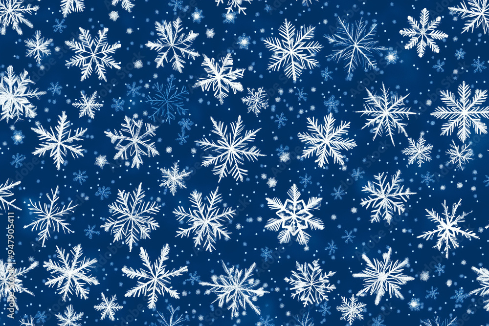 Aufkleber blue background with many white snowflakes scattered throughout. the snowflakes are all different si