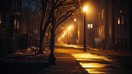 Street lights casting a warm, golden glow on a quiet city street, with empty sidewalks and softly illuminated buildings creating a peaceful nighttime scene.