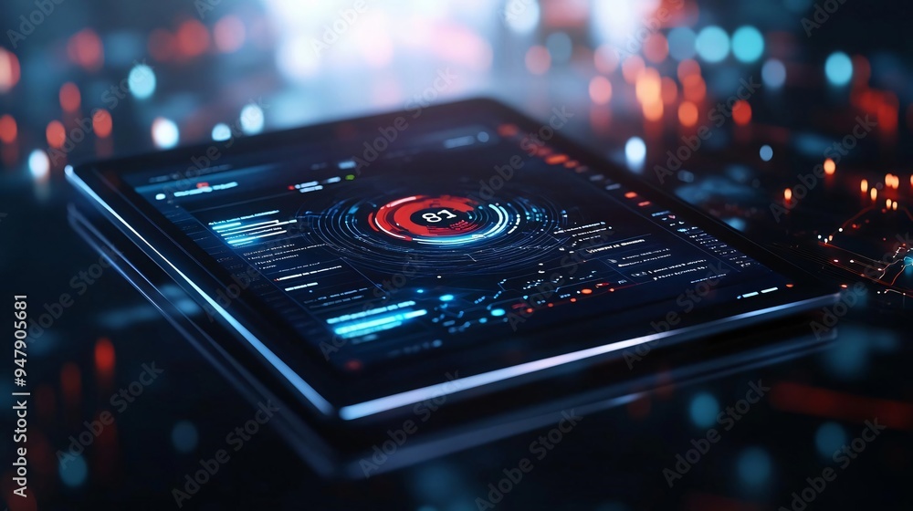 Poster futuristic tablet showcasing advanced technology interface with digital data visualizations and glow
