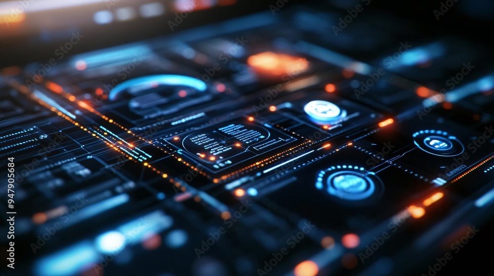 Poster futuristic technology interface with glowing elements and intricate patterns, ideal for sci-fi and d