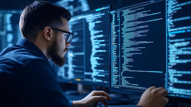 Focused programmer working on computer code in a dark room with multiple screens displaying lines of programming language.