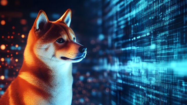 concept of dogecoin cryptocurrency technology, digital graphic of dogecoin with futuristic element, virtual finance