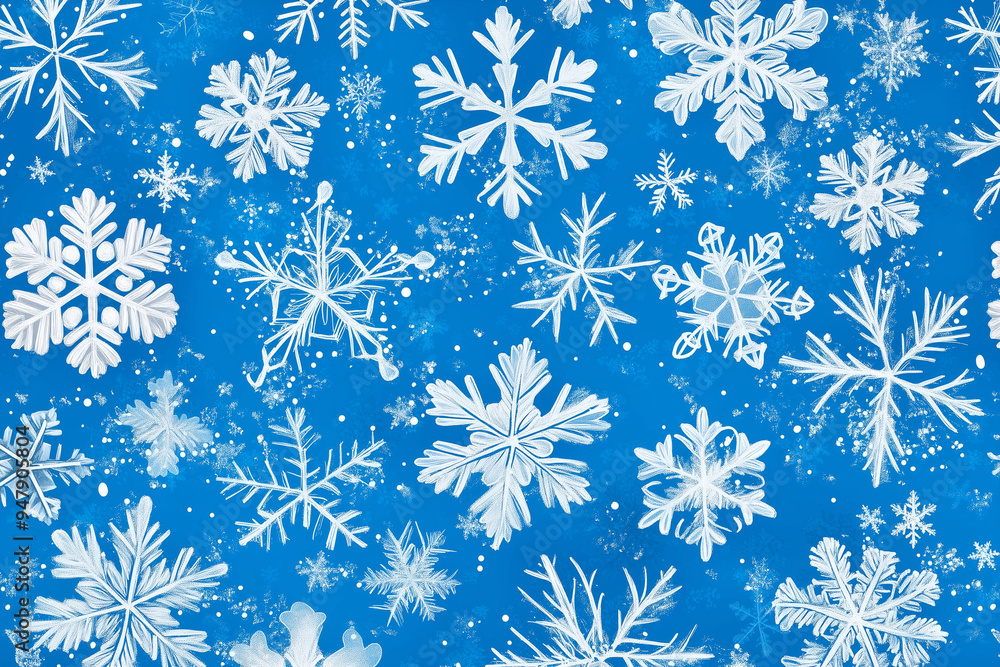 Poster blue background with many white snowflakes scattered throughout. the snowflakes are all different si